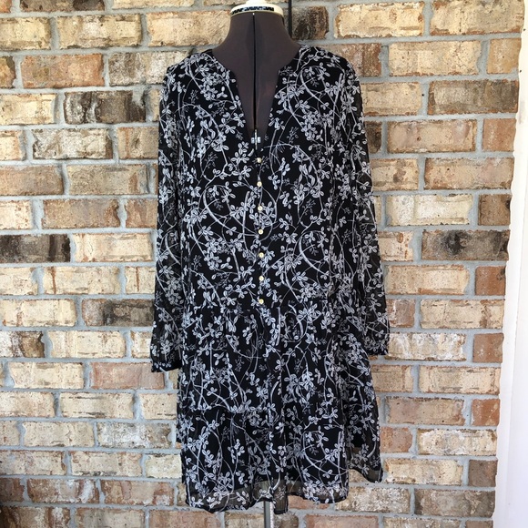 Loft Vine Drop Waist Split Neckline Button Front Black Gray Lined Shirtdress M - Picture 2 of 16